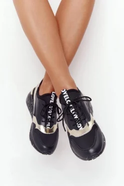 Outlet Damskie buty S.Barski Skórzane Sneakersy Na Koturnie S.Barski Czarno-Złote