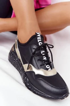 Outlet Damskie buty S.Barski Skórzane Sneakersy Na Koturnie S.Barski Czarno-Złote