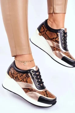 Hot Skórzane Sneakersy Na Koturnie GG2N3044 Czarne Damskie Sneakersy Damskie|Botki Skórzane