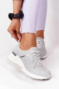 Sneakersy Damskie>Damskie buty S.Barski Skórzane Sneakersy Na Koturnie S.Barski Szare