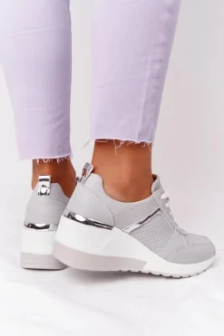 Sneakersy Damskie></noscript>Damskie buty S.Barski Skórzane Sneakersy Na Koturnie S.Barski Szare