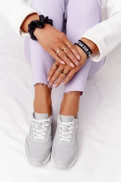 Sneakersy Damskie></noscript>Damskie buty S.Barski Skórzane Sneakersy Na Koturnie S.Barski Szare