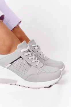 Sneakersy Damskie></noscript>Damskie buty S.Barski Skórzane Sneakersy Na Koturnie S.Barski Szare