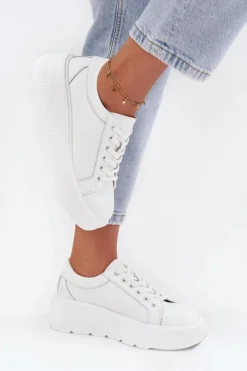 Best Skórzane Sneakersy Na Masywnej Platformie Białe Sylvessa Damskie Buty Sportowe Na Platformie
