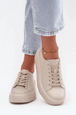 Hot Skórzane Sneakersy Na Masywnej Platformie Beżowe Sylvessa Damskie Buty Sportowe Na Platformie
