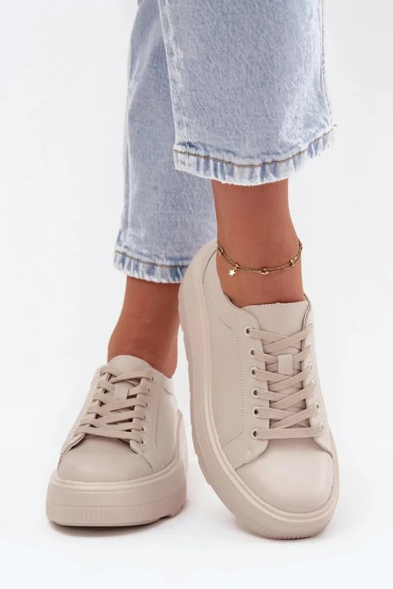 Hot Skórzane Sneakersy Na Masywnej Platformie Beżowe Sylvessa Damskie Buty Sportowe Na Platformie
