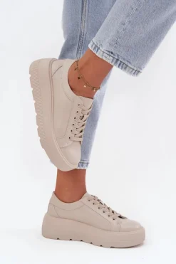 Hot Skórzane Sneakersy Na Masywnej Platformie Beżowe Sylvessa Damskie Buty Sportowe Na Platformie