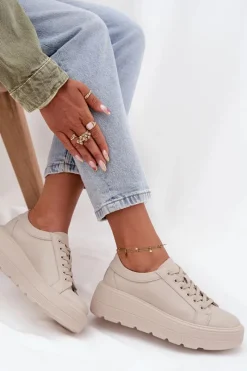 Hot Skórzane Sneakersy Na Masywnej Platformie Beżowe Sylvessa Damskie Buty Sportowe Na Platformie