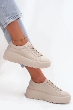Hot Skórzane Sneakersy Na Masywnej Platformie Beżowe Sylvessa Damskie Buty Sportowe Na Platformie