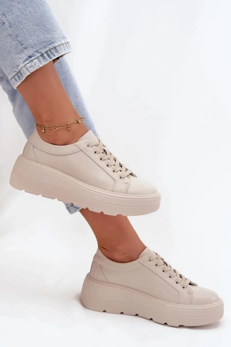 Hot Skórzane Sneakersy Na Masywnej Platformie Beżowe Sylvessa Damskie Buty Sportowe Na Platformie