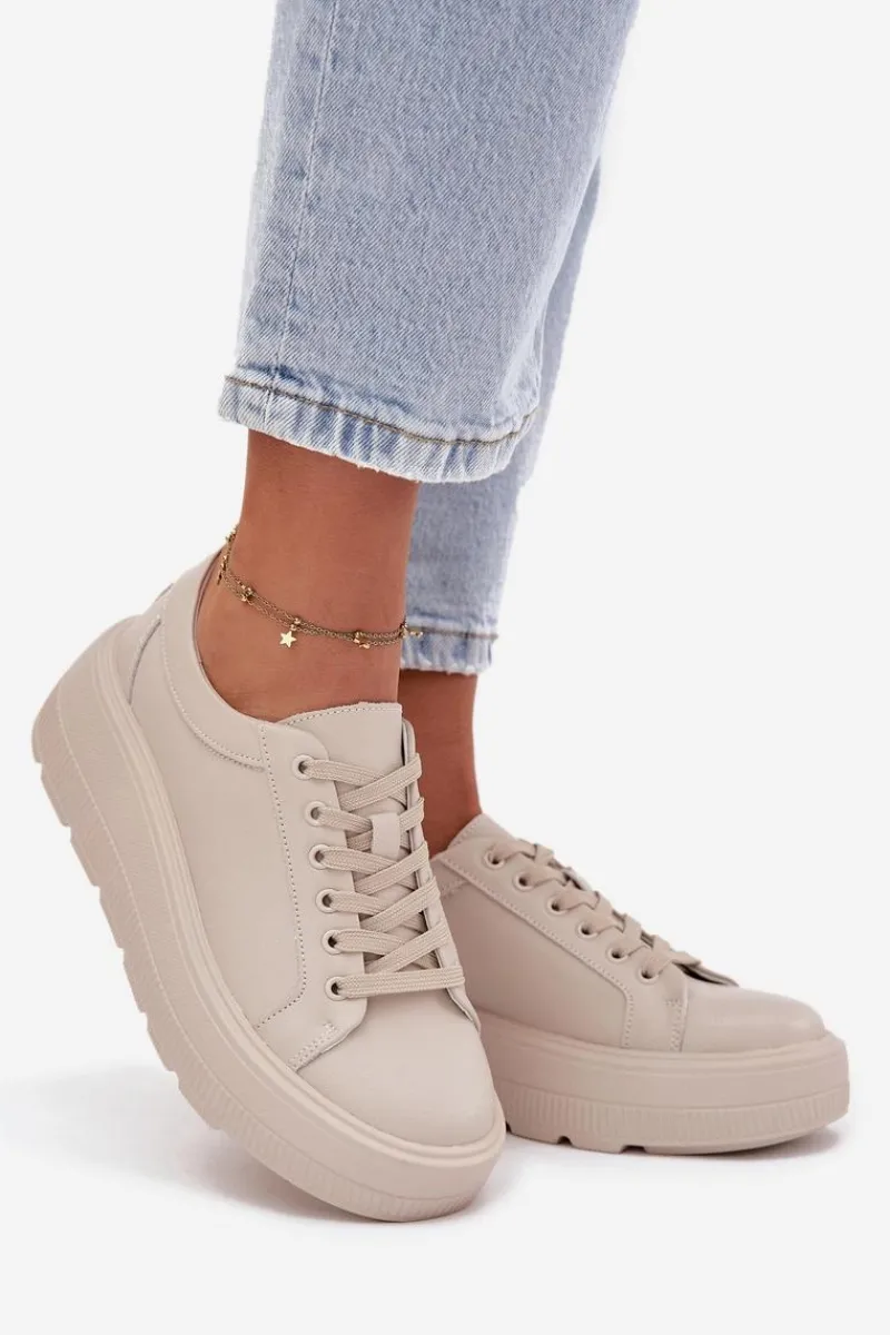 Hot Skórzane Sneakersy Na Masywnej Platformie Beżowe Sylvessa Damskie Buty Sportowe Na Platformie