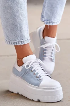 Skórzane Sneakersy Na Masywnej Platformie Jeansowe Lewski 3586 Białe Damskie Sneakersy Damskie