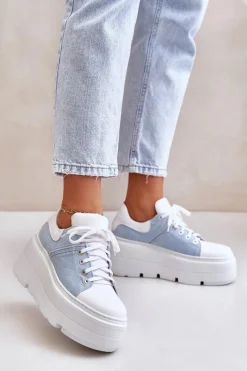 Skórzane Sneakersy Na Masywnej Platformie Jeansowe Lewski 3586 Białe Damskie Sneakersy Damskie