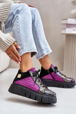 Hot Skórzane Sneakersy Na Platformie 06767-15 Fuksja Damskie Buty Sportowe Na Platformie