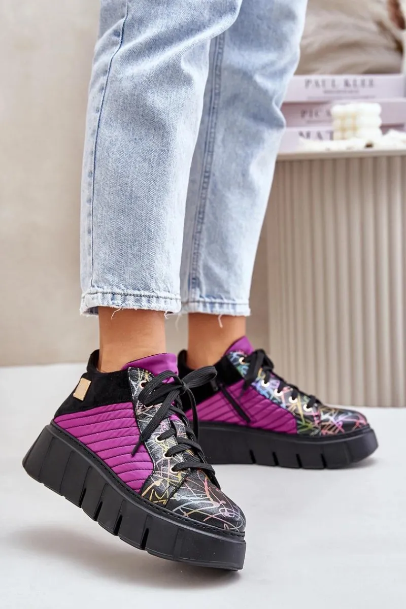 Hot Skórzane Sneakersy Na Platformie 06767-15 Fuksja Damskie Buty Sportowe Na Platformie