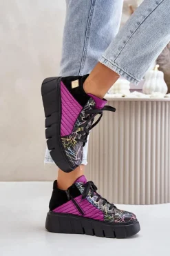 Hot Skórzane Sneakersy Na Platformie 06767-15 Fuksja Damskie Buty Sportowe Na Platformie