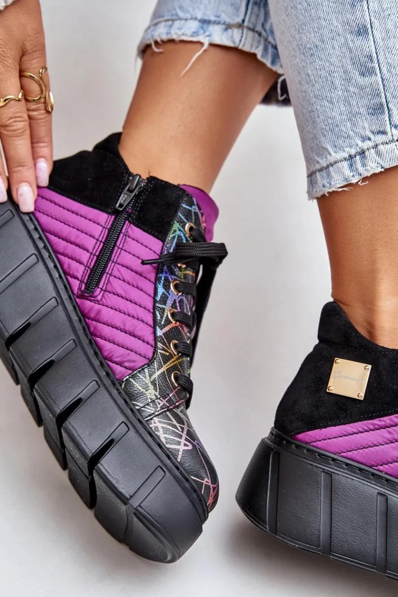 Hot Skórzane Sneakersy Na Platformie 06767-15 Fuksja Damskie Buty Sportowe Na Platformie