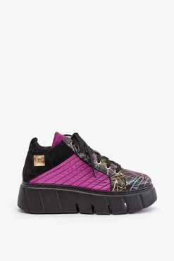 Hot Skórzane Sneakersy Na Platformie 06767-15 Fuksja Damskie Buty Sportowe Na Platformie