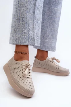 Sneakersy Damskie>Damskie buty S.Barski Skórzane Sneakersy Na Platformie S.Barski LR278 Beżowe