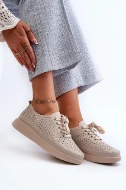 Sneakersy Damskie>Damskie buty S.Barski Skórzane Sneakersy Na Platformie S.Barski LR278 Beżowe