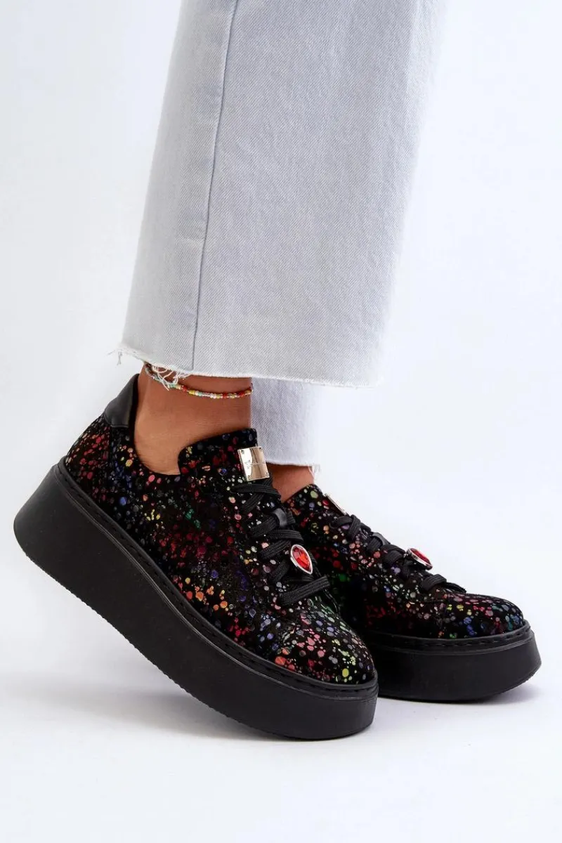 Hot Skórzane Sneakersy Na Platformie 6191S-01 Czarne Damskie Buty Sportowe Na Platformie