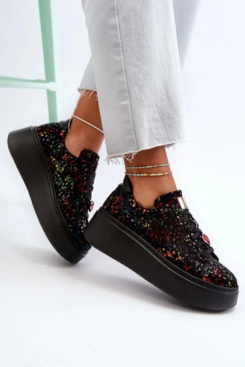 Hot Skórzane Sneakersy Na Platformie 6191S-01 Czarne Damskie Buty Sportowe Na Platformie