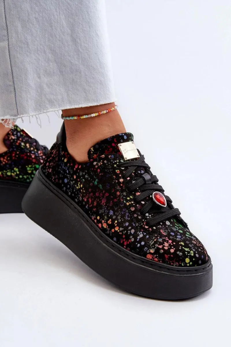 Hot Skórzane Sneakersy Na Platformie 6191S-01 Czarne Damskie Buty Sportowe Na Platformie