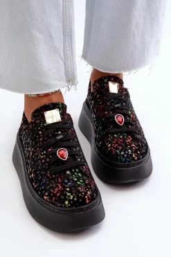 Hot Skórzane Sneakersy Na Platformie 6191S-01 Czarne Damskie Buty Sportowe Na Platformie