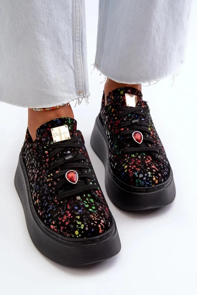 Hot Skórzane Sneakersy Na Platformie 6191S-01 Czarne Damskie Buty Sportowe Na Platformie