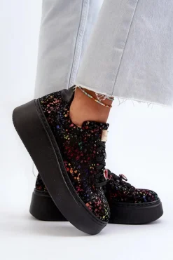 Hot Skórzane Sneakersy Na Platformie 6191S-01 Czarne Damskie Buty Sportowe Na Platformie