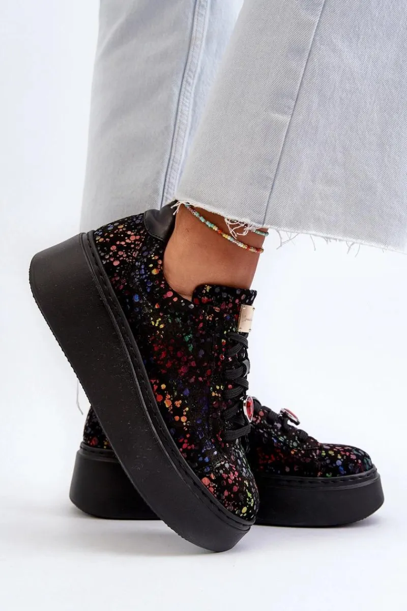 Hot Skórzane Sneakersy Na Platformie 6191S-01 Czarne Damskie Buty Sportowe Na Platformie