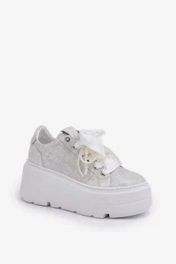 Buty Sportowe Na Platformie></noscript>CheBello Skórzane Sneakersy Na Platformie 4658 Srebrne Srebrny
