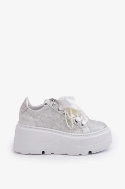 Buty Sportowe Na Platformie></noscript>CheBello Skórzane Sneakersy Na Platformie 4658 Srebrne Srebrny