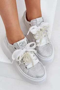 Buty Sportowe Na Platformie></noscript>CheBello Skórzane Sneakersy Na Platformie 4658 Srebrne Srebrny