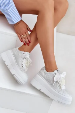 Buty Sportowe Na Platformie></noscript>CheBello Skórzane Sneakersy Na Platformie 4658 Srebrne Srebrny