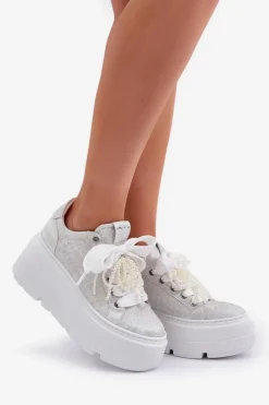 Buty Sportowe Na Platformie></noscript>CheBello Skórzane Sneakersy Na Platformie 4658 Srebrne Srebrny