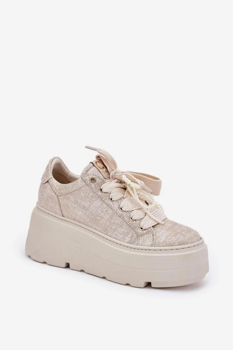 Skórzane Sneakersy Na Platformie 4658 Złote Damskie Buty Sportowe Na Platformie