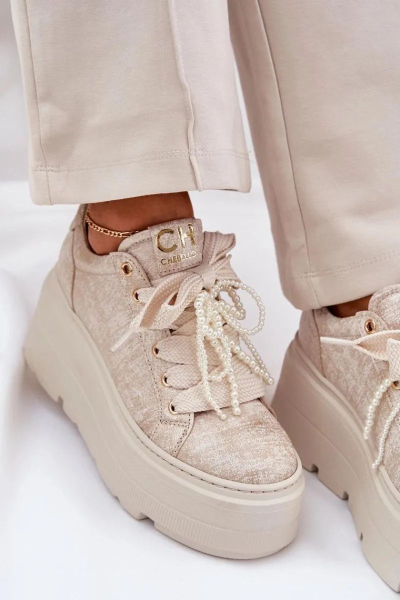 Skórzane Sneakersy Na Platformie 4658 Złote Damskie Buty Sportowe Na Platformie