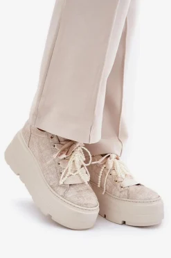 Skórzane Sneakersy Na Platformie 4658 Złote Damskie Buty Sportowe Na Platformie