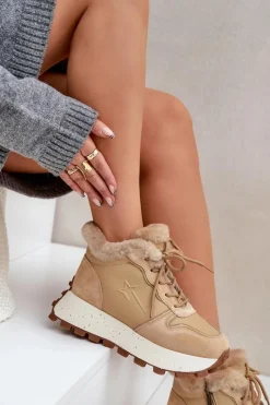 Outlet Big Star Shoes Skórzane Sneakersy Trapery Damskie Z Futerkiem Na Platformie Big Star OO274A330 Beżowe Beżowy