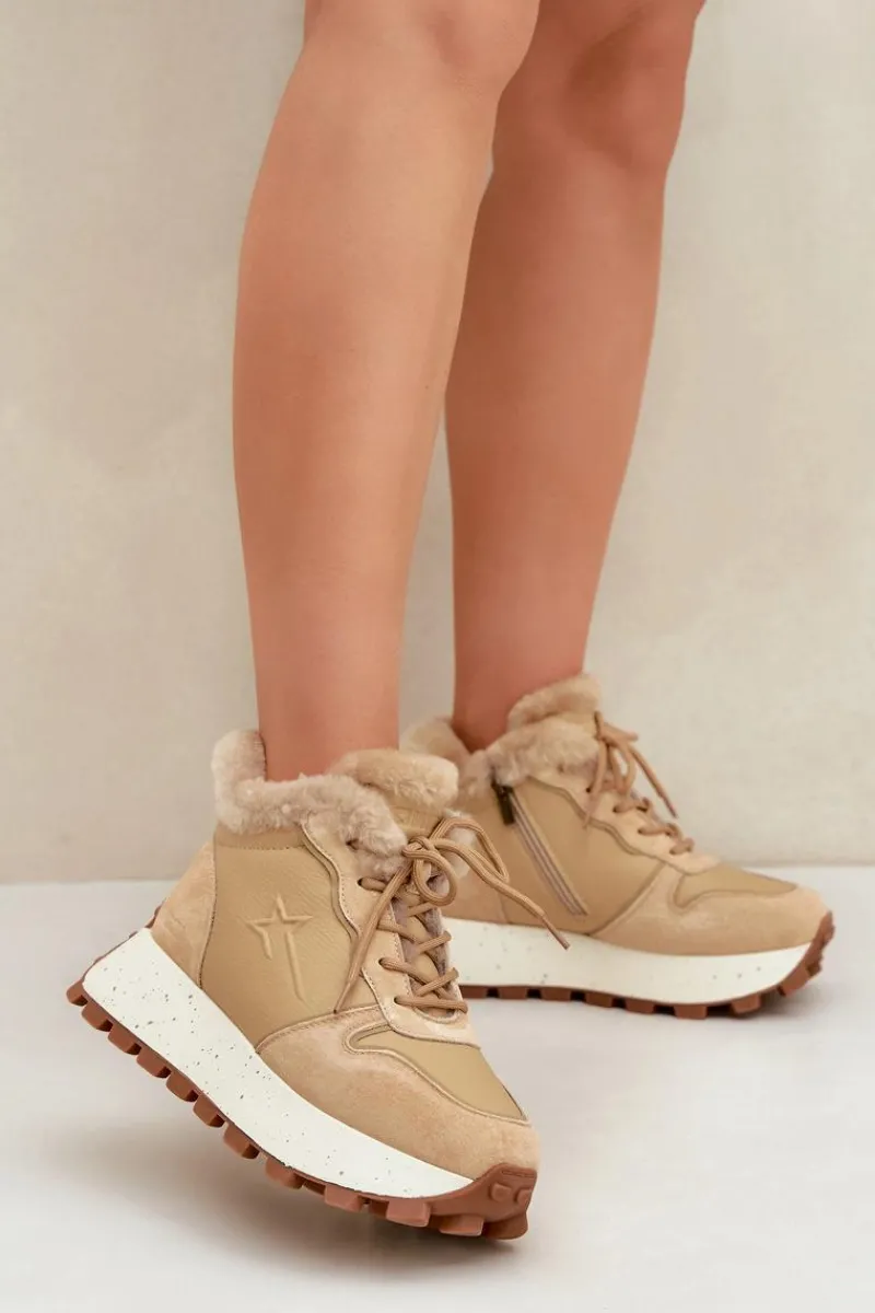 Outlet Big Star Shoes Skórzane Sneakersy Trapery Damskie Z Futerkiem Na Platformie Big Star OO274A330 Beżowe Beżowy