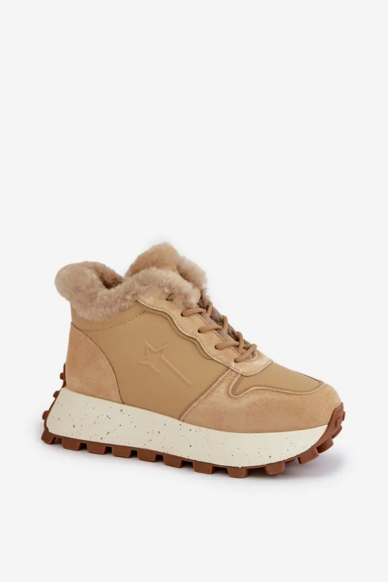 Outlet Big Star Shoes Skórzane Sneakersy Trapery Damskie Z Futerkiem Na Platformie Big Star OO274A330 Beżowe Beżowy