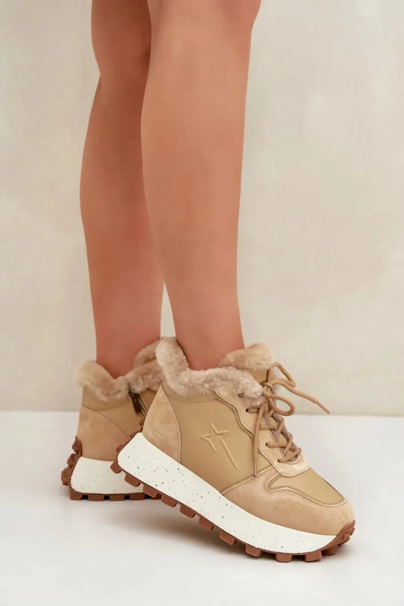 Outlet Big Star Shoes Skórzane Sneakersy Trapery Damskie Z Futerkiem Na Platformie Big Star OO274A330 Beżowe Beżowy