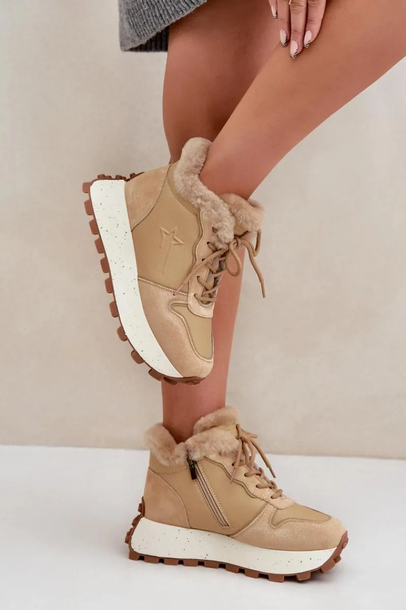 Outlet Big Star Shoes Skórzane Sneakersy Trapery Damskie Z Futerkiem Na Platformie Big Star OO274A330 Beżowe Beżowy