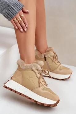 Outlet Big Star Shoes Skórzane Sneakersy Trapery Damskie Z Futerkiem Na Platformie Big Star OO274A330 Beżowe Beżowy