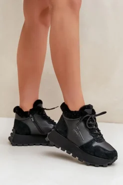 Sale Skórzane Sneakersy Trapery Damskie Z Futerkiem Na Platformie Big Star OO274A329 Czarne Damskie Buty Sportowe Big Star|Sneakersy Damskie