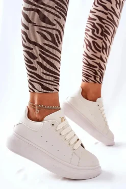 Buty Sportowe Na Platformie>Boto Skórzane Sportowe Buty Na Platformie Beżowe Lemmy