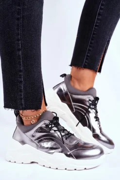 Outlet Skórzane Sportowe Buty Sneakersy GG2N3040 Srebrne Damskie Buty Sportowe Na Platformie|Botki Skórzane