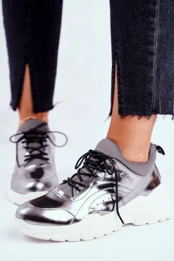 Outlet Skórzane Sportowe Buty Sneakersy GG2N3040 Srebrne Damskie Buty Sportowe Na Platformie|Botki Skórzane