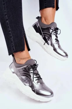 Outlet Skórzane Sportowe Buty Sneakersy GG2N3040 Srebrne Damskie Buty Sportowe Na Platformie|Botki Skórzane